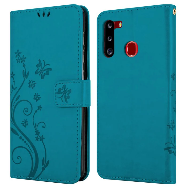 Cadorabo Hülle kompatibel mit Samsung Galaxy A21 Schutzhülle im Blumen Design mit Magnetverschluss, Standfunktion und Kartenfächern