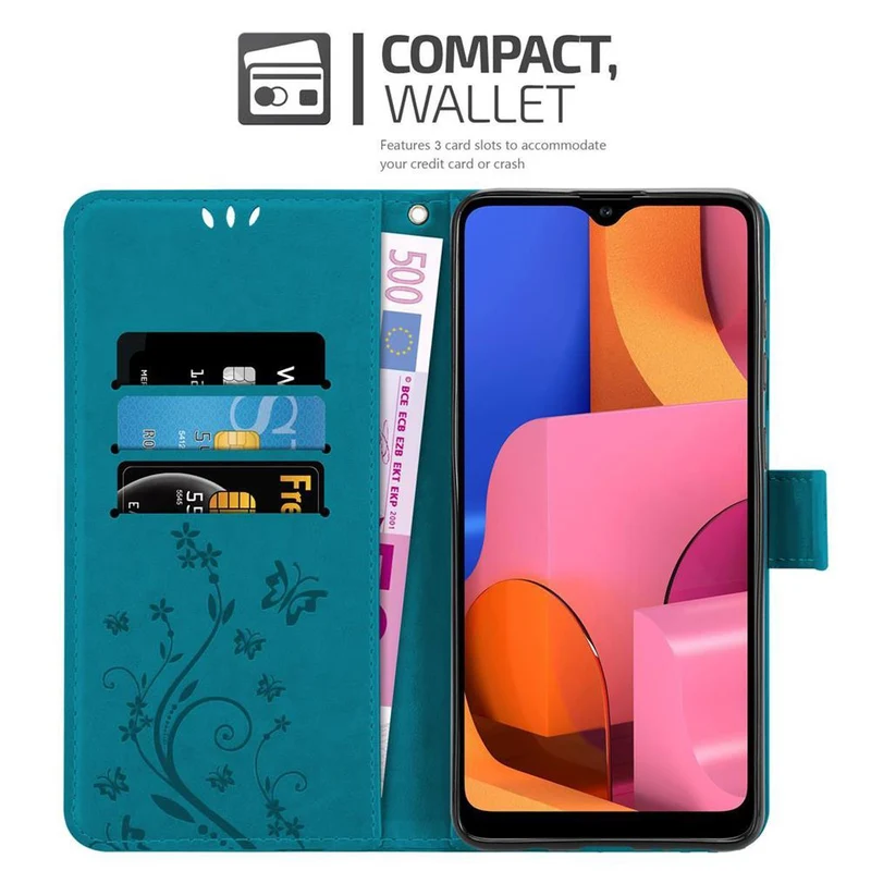 Cadorabo Hülle kompatibel mit Samsung Galaxy A21 Schutzhülle im Blumen Design mit Magnetverschluss, Standfunktion und Kartenfächern