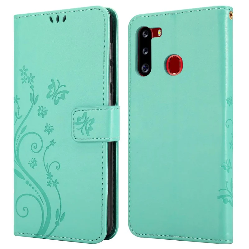 Cadorabo Hülle kompatibel mit Samsung Galaxy A21 Schutzhülle im Blumen Design mit Magnetverschluss, Standfunktion und Kartenfächern
