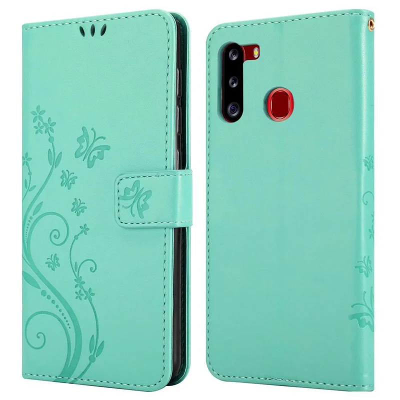 Cadorabo Hülle kompatibel mit Samsung Galaxy A21 Schutzhülle im Blumen Design mit Magnetverschluss, Standfunktion und Kartenfächern