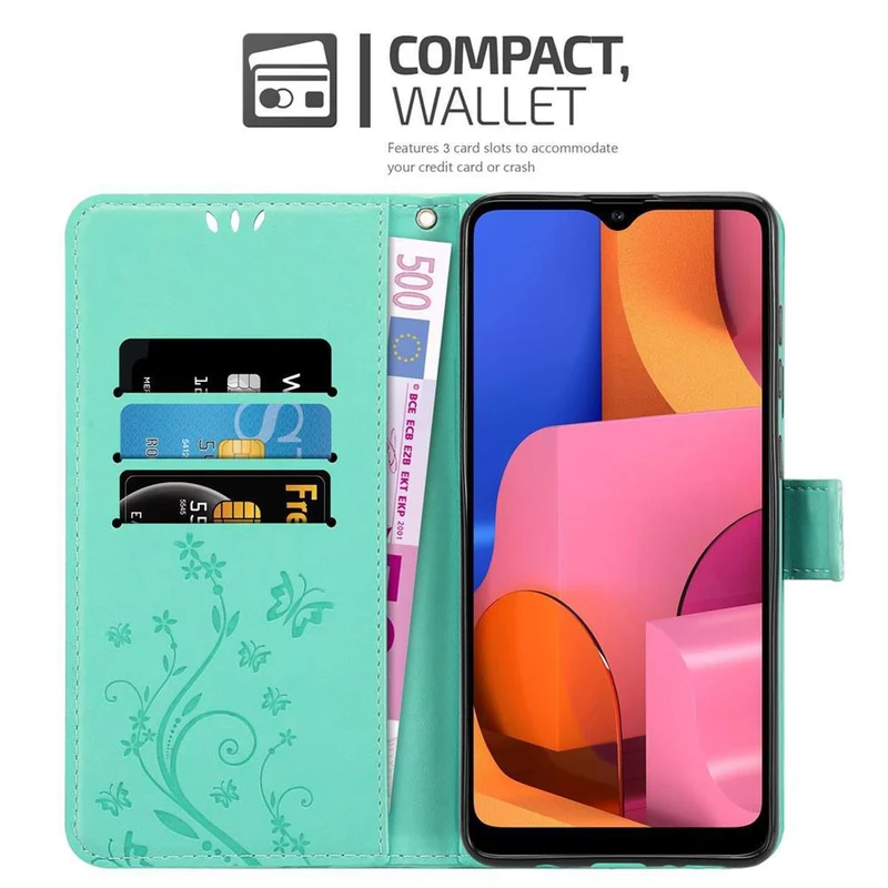 Cadorabo Hülle kompatibel mit Samsung Galaxy A21 Schutzhülle im Blumen Design mit Magnetverschluss, Standfunktion und Kartenfächern