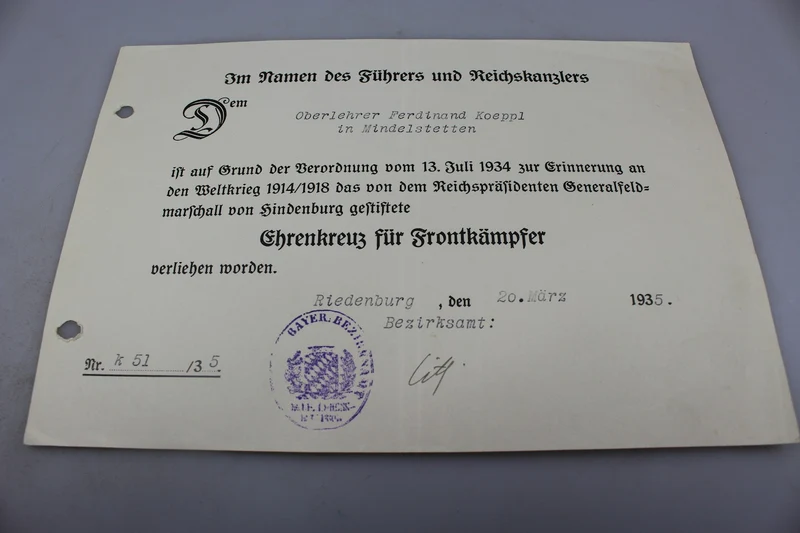 Bescheinigt für Frontkämpfer 1914/18