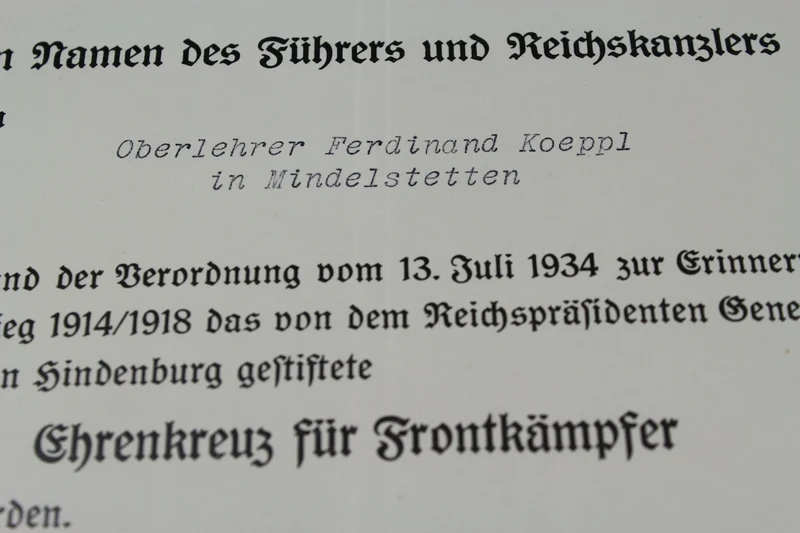 Bescheinigt für Frontkämpfer 1914/18