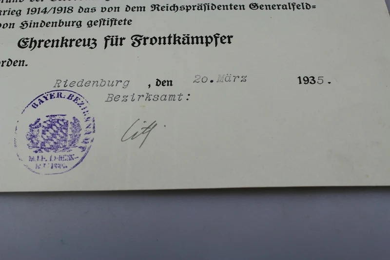 Bescheinigt für Frontkämpfer 1914/18
