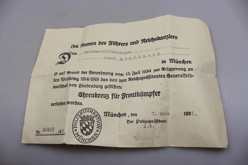 Bescheinigt für Frontkämpfer 1914/18