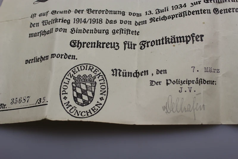 Bescheinigt für Frontkämpfer 1914/18
