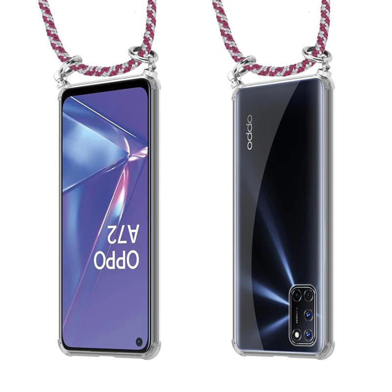 Cadorabo Handy Kette kompatibel mit Oppo A72 Silikon Schutzhülle mit Silbernen Ringen, Kordel Band und abnehmbarem Etui