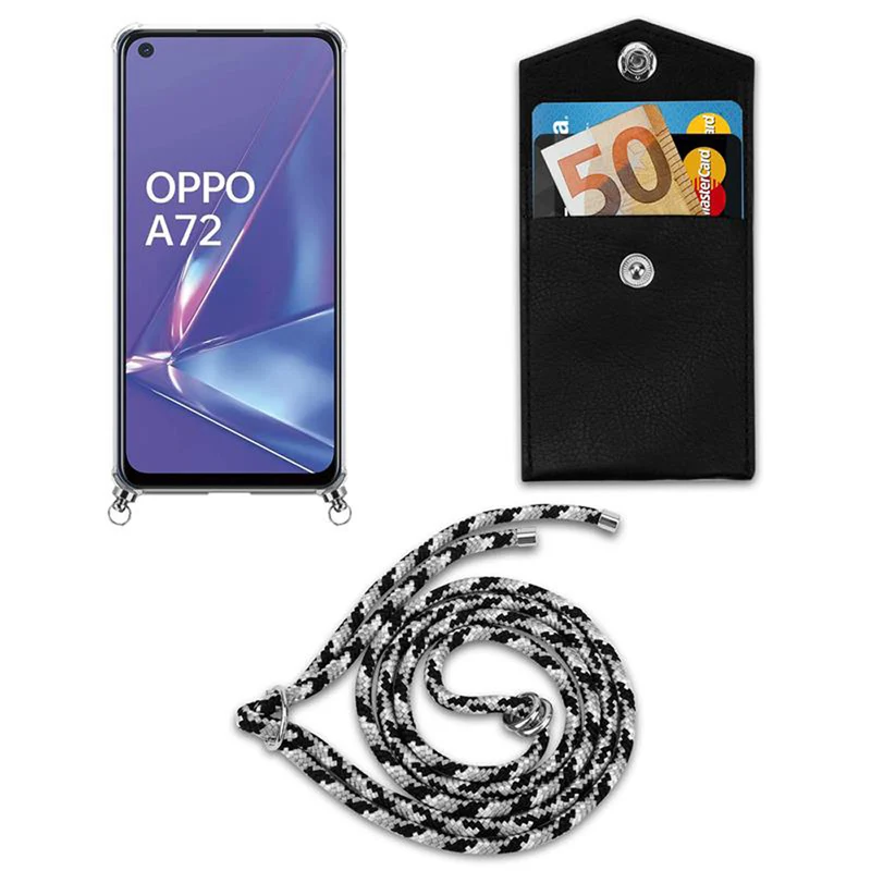 Cadorabo Handy Kette kompatibel mit Oppo A72 Silikon Schutzhülle mit Silbernen Ringen, Kordel Band und abnehmbarem Etui