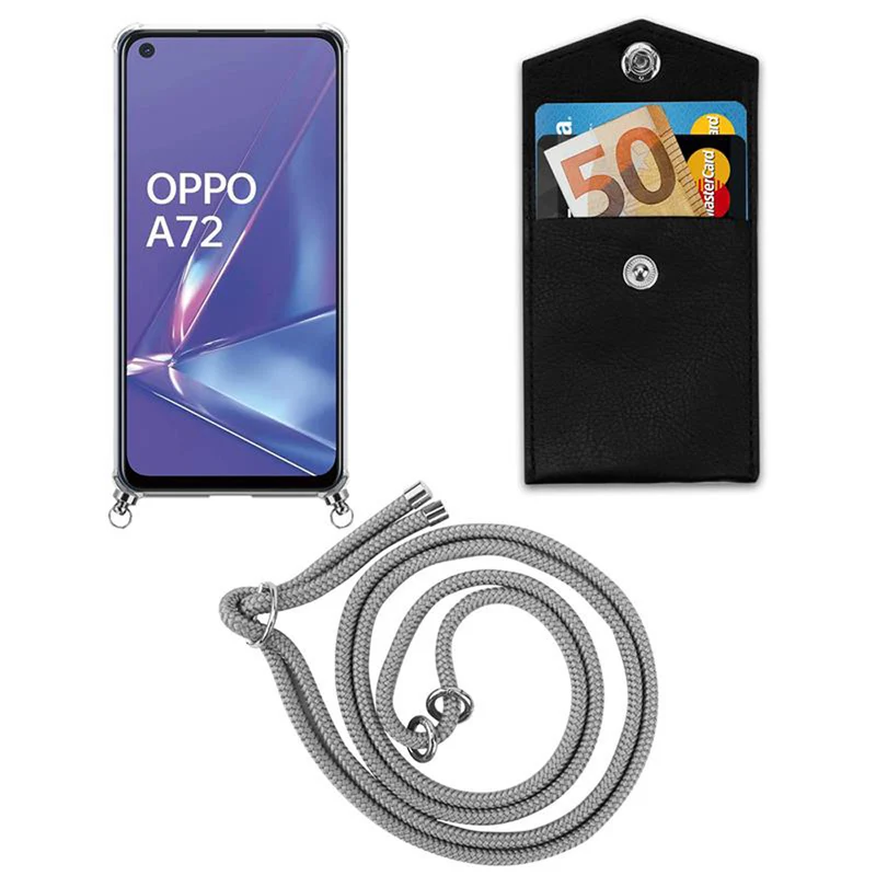 Cadorabo Handy Kette kompatibel mit Oppo A72 Silikon Schutzhülle mit Silbernen Ringen, Kordel Band und abnehmbarem Etui