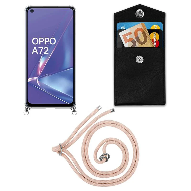 Cadorabo Handy Kette kompatibel mit Oppo A72 Silikon Schutzhülle mit Silbernen Ringen, Kordel Band und abnehmbarem Etui