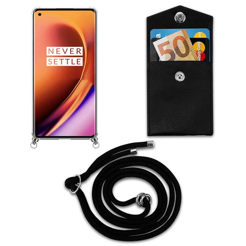 Cadorabo Handy Kette kompatibel mit OnePlus 8 PRO Silikon Schutzhülle mit Silbernen Ringen, Kordel Band und abnehmbarem Etui