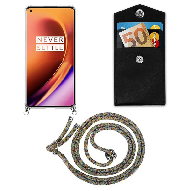 Cadorabo Handy Kette kompatibel mit OnePlus 8 PRO Silikon Schutzhülle mit Silbernen Ringen, Kordel Band und abnehmbarem Etui