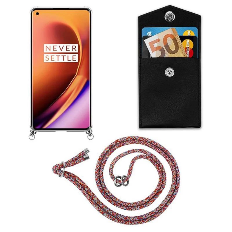 Cadorabo Handy Kette kompatibel mit OnePlus 8 PRO Silikon Schutzhülle mit Silbernen Ringen, Kordel Band und abnehmbarem Etui
