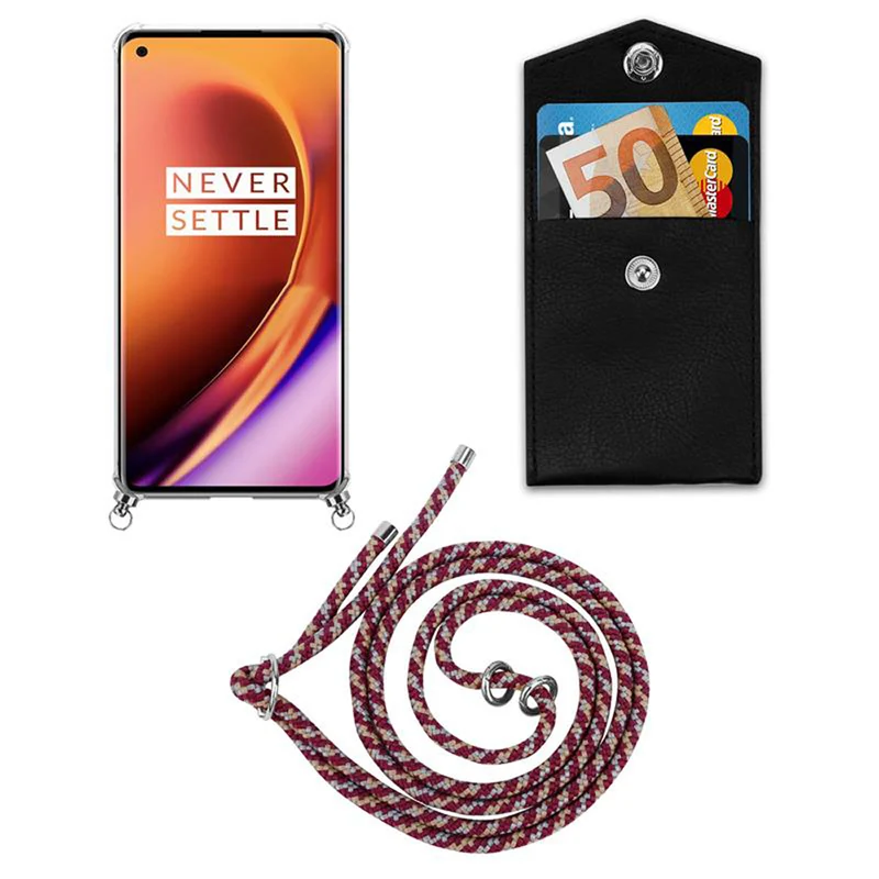 Cadorabo Handy Kette kompatibel mit OnePlus 8 PRO Silikon Schutzhülle mit Silbernen Ringen, Kordel Band und abnehmbarem Etui