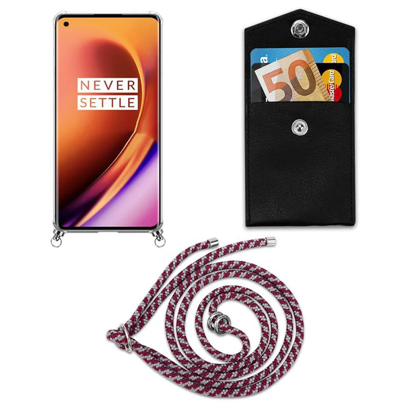 Cadorabo Handy Kette kompatibel mit OnePlus 8 PRO Silikon Schutzhülle mit Silbernen Ringen, Kordel Band und abnehmbarem Etui