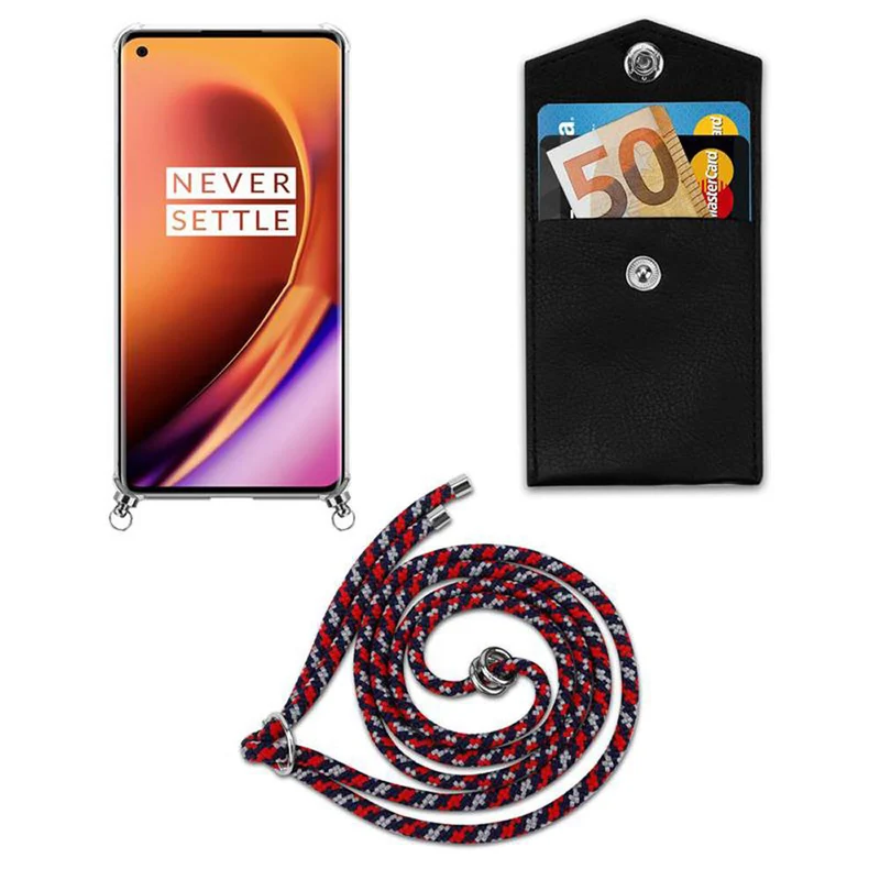 Cadorabo Handy Kette kompatibel mit OnePlus 8 PRO Silikon Schutzhülle mit Silbernen Ringen, Kordel Band und abnehmbarem Etui