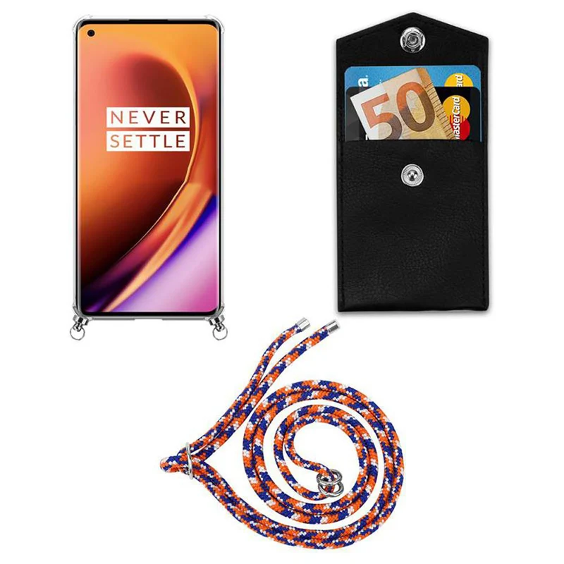 Cadorabo Handy Kette kompatibel mit OnePlus 8 PRO Silikon Schutzhülle mit Silbernen Ringen, Kordel Band und abnehmbarem Etui