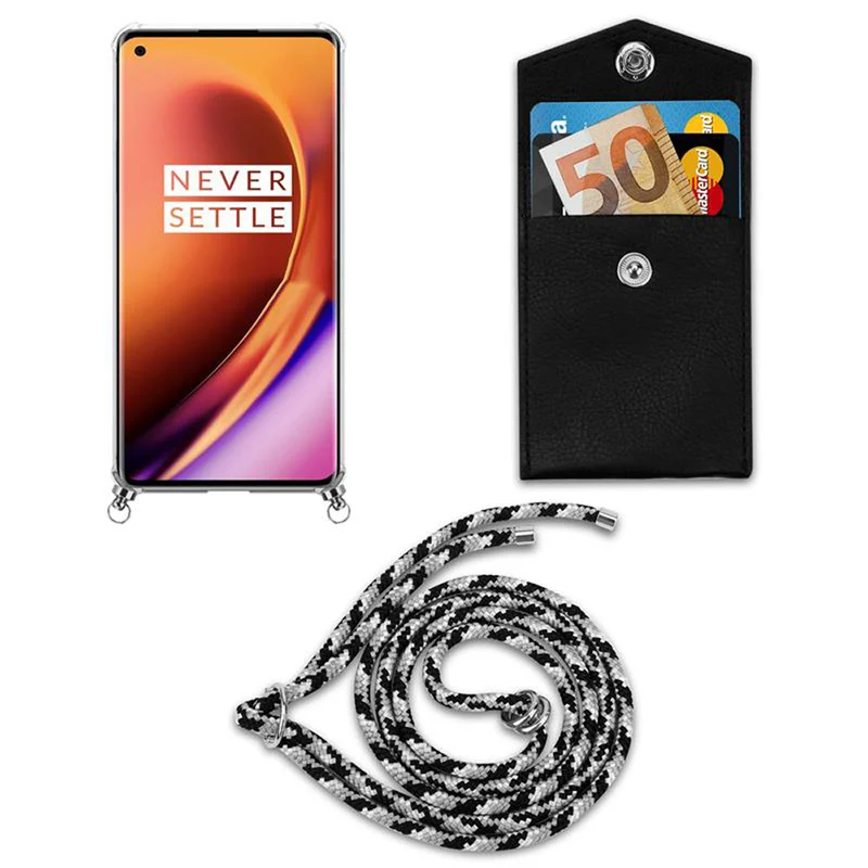 Cadorabo Handy Kette kompatibel mit OnePlus 8 PRO Silikon Schutzhülle mit Silbernen Ringen, Kordel Band und abnehmbarem Etui