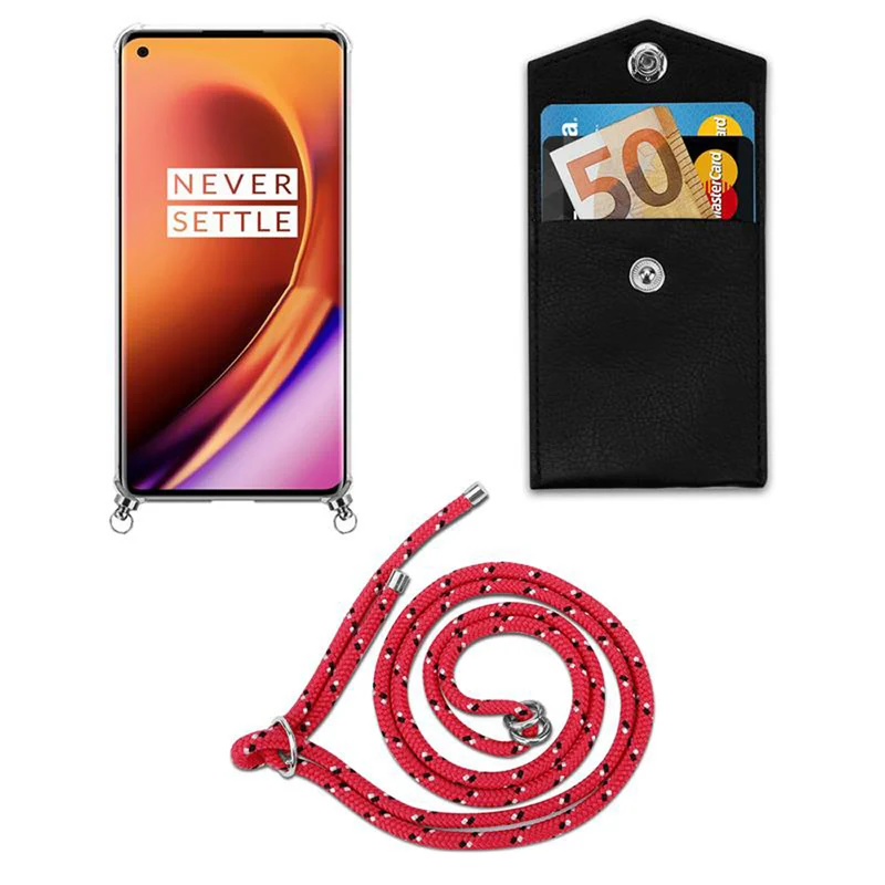 Cadorabo Handy Kette kompatibel mit OnePlus 8 PRO Silikon Schutzhülle mit Silbernen Ringen, Kordel Band und abnehmbarem Etui