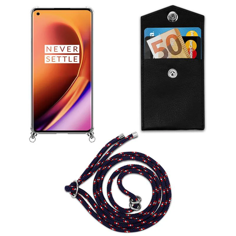 Cadorabo Handy Kette kompatibel mit OnePlus 8 PRO Silikon Schutzhülle mit Silbernen Ringen, Kordel Band und abnehmbarem Etui