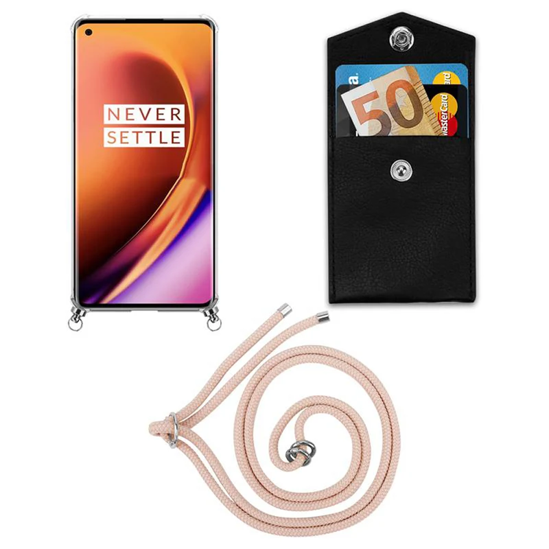 Cadorabo Handy Kette kompatibel mit OnePlus 8 PRO Silikon Schutzhülle mit Silbernen Ringen, Kordel Band und abnehmbarem Etui