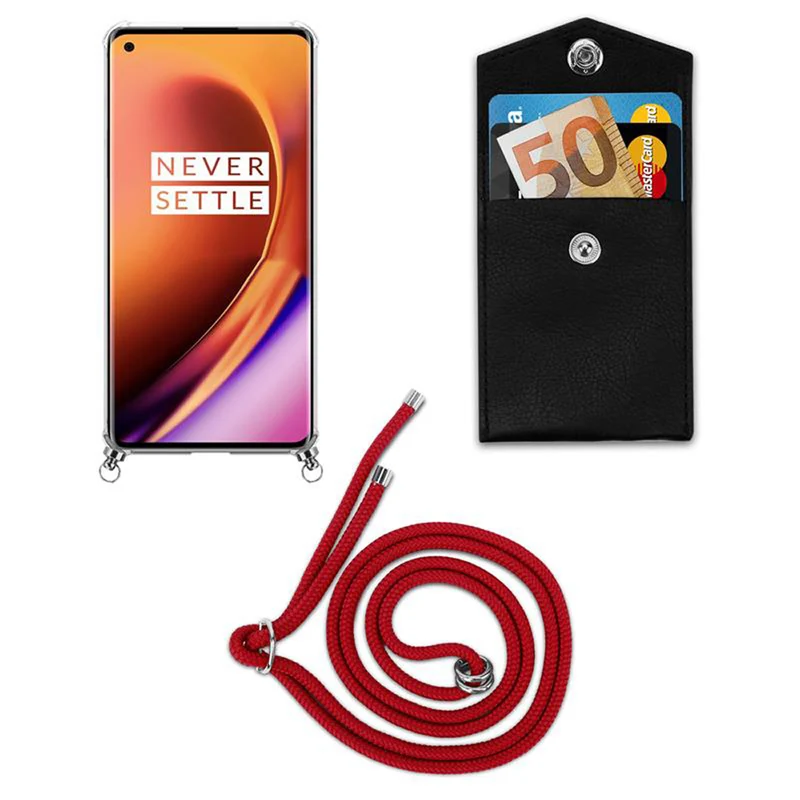 Cadorabo Handy Kette kompatibel mit OnePlus 8 PRO Silikon Schutzhülle mit Silbernen Ringen, Kordel Band und abnehmbarem Etui