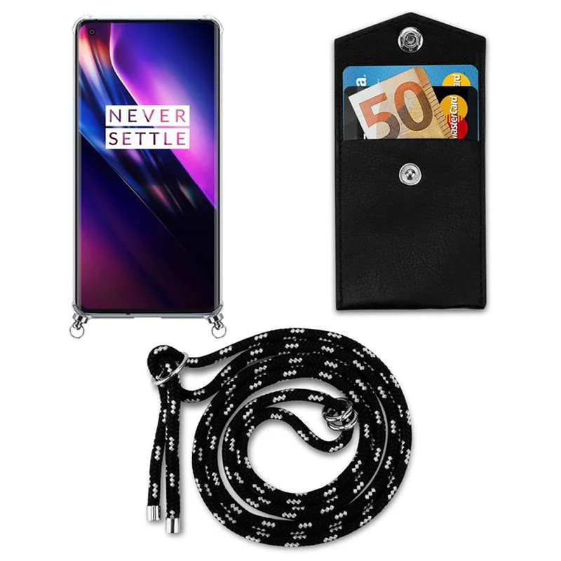 Cadorabo Handy Kette kompatibel mit OnePlus 8 Silikon Schutzhülle mit Silbernen Ringen, Kordel Band und abnehmbarem Etui
