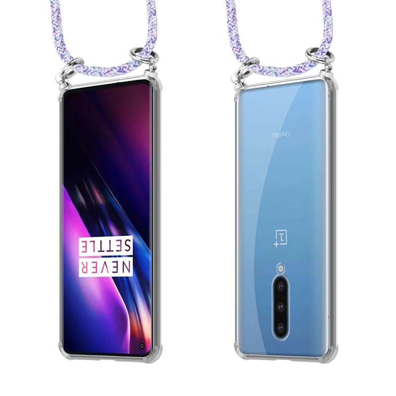 Cadorabo Handy Kette kompatibel mit OnePlus 8 Silikon Schutzhülle mit Silbernen Ringen, Kordel Band und abnehmbarem Etui