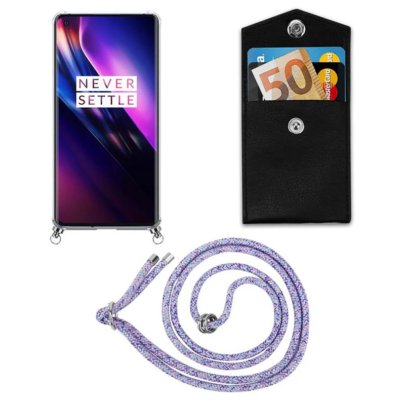 Cadorabo Handy Kette kompatibel mit OnePlus 8 Silikon Schutzhülle mit Silbernen Ringen, Kordel Band und abnehmbarem Etui