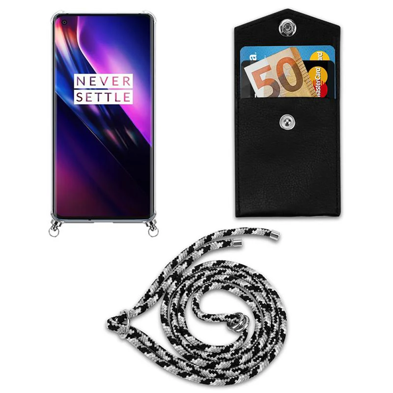 Cadorabo Handy Kette kompatibel mit OnePlus 8 Silikon Schutzhülle mit Silbernen Ringen, Kordel Band und abnehmbarem Etui