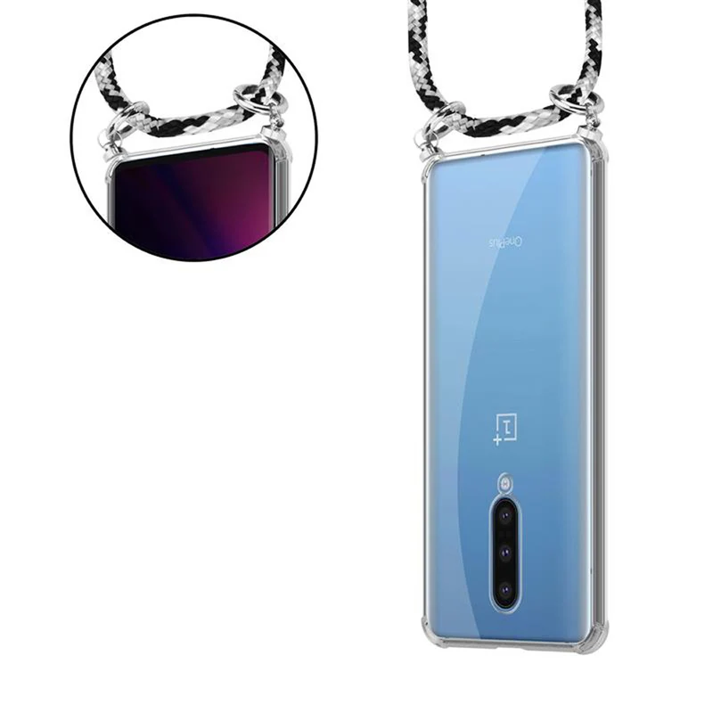 Cadorabo Handy Kette kompatibel mit OnePlus 8 Silikon Schutzhülle mit Silbernen Ringen, Kordel Band und abnehmbarem Etui