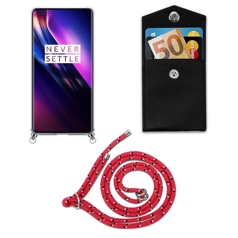 Cadorabo Handy Kette kompatibel mit OnePlus 8 Silikon Schutzhülle mit Silbernen Ringen, Kordel Band und abnehmbarem Etui