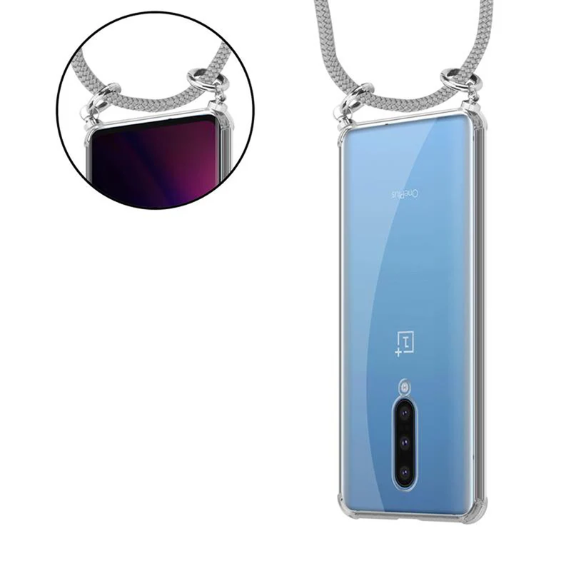 Cadorabo Handy Kette kompatibel mit OnePlus 8 Silikon Schutzhülle mit Silbernen Ringen, Kordel Band und abnehmbarem Etui