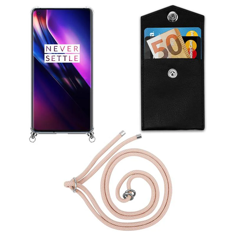 Cadorabo Handy Kette kompatibel mit OnePlus 8 Silikon Schutzhülle mit Silbernen Ringen, Kordel Band und abnehmbarem Etui