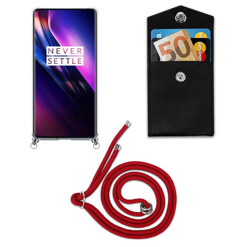 Cadorabo Handy Kette kompatibel mit OnePlus 8 Silikon Schutzhülle mit Silbernen Ringen, Kordel Band und abnehmbarem Etui