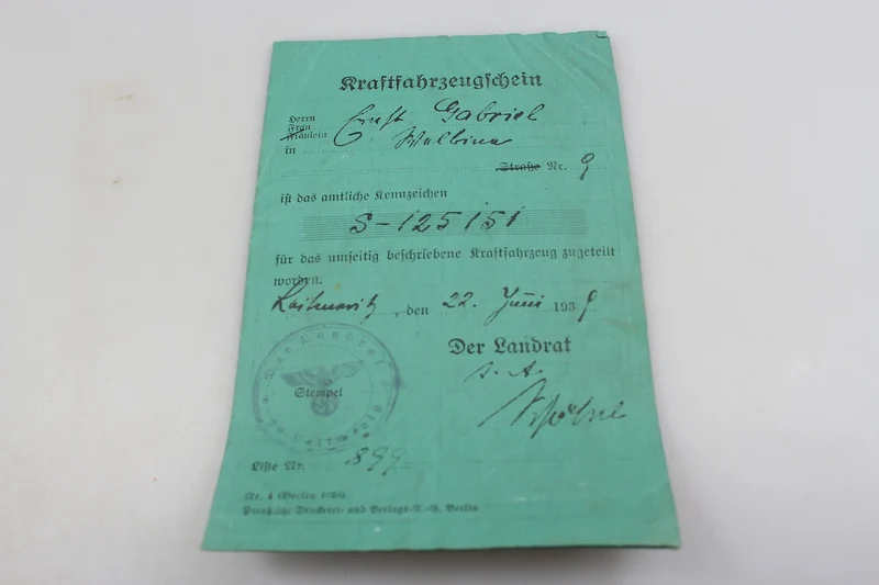 Kraftfahrzeugschein - NSU Juni 1939