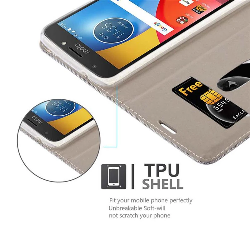 Cadorabo Hülle kompatibel mit Motorola MOTO E4 PLUS Schutzhülle mit Magnetverschluss, Standfunktion und Kartenfach