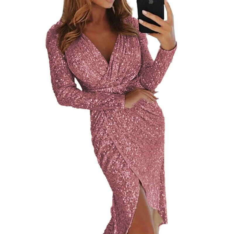 Damen nan glitzerndes Wickel-Midikleid mit V-Ausschnitt langen Ärmeln seitlichem Beinschlitz Drune