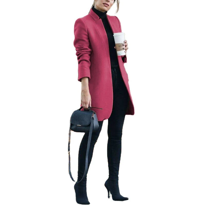 Damen nan eleganter knielanger Wollmix Mantel mit Stehkragen Drune