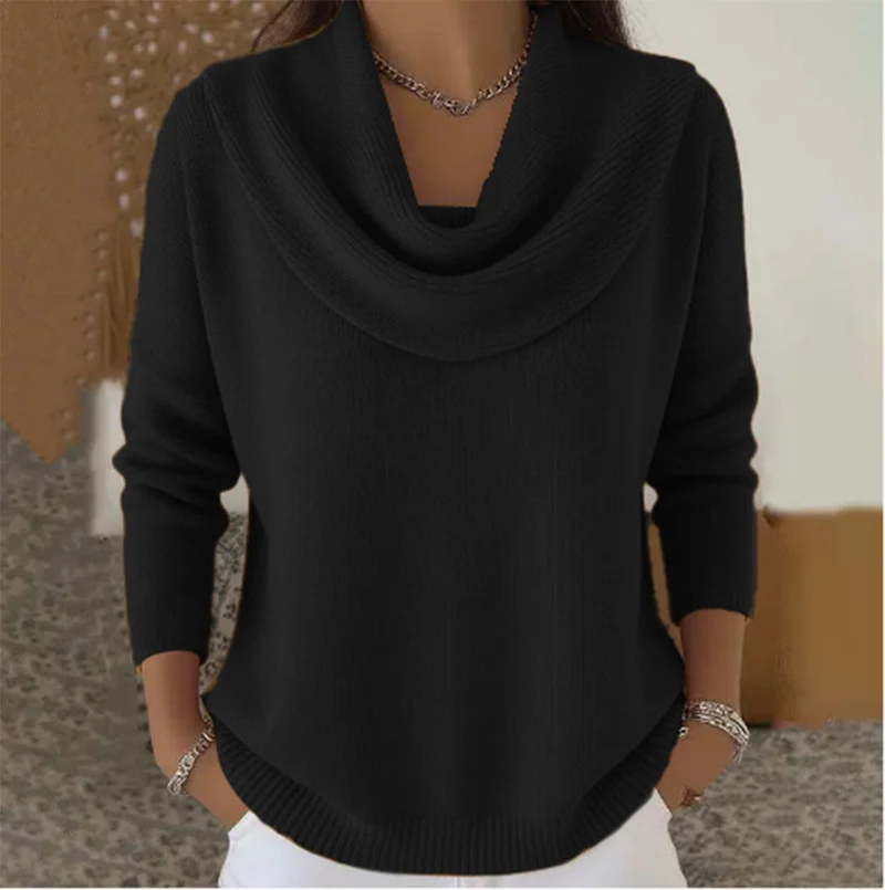Damen nan fein gestrickter Pullover mit Wasserfallkragen und geripptem Saum Drune