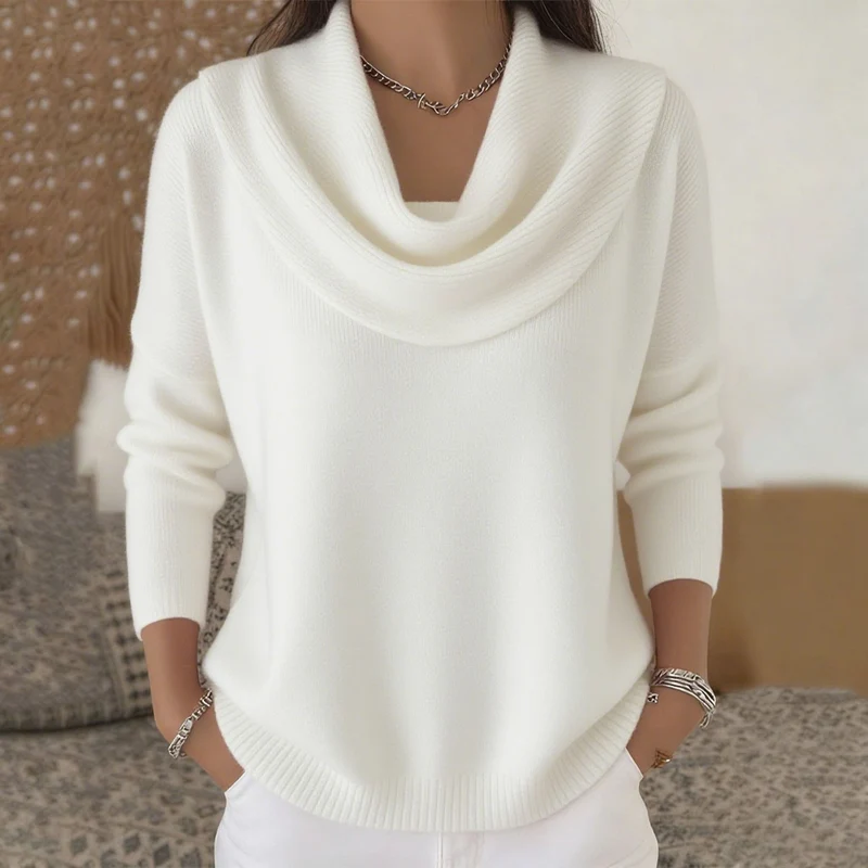 Damen nan fein gestrickter Pullover mit Wasserfallkragen und geripptem Saum Drune