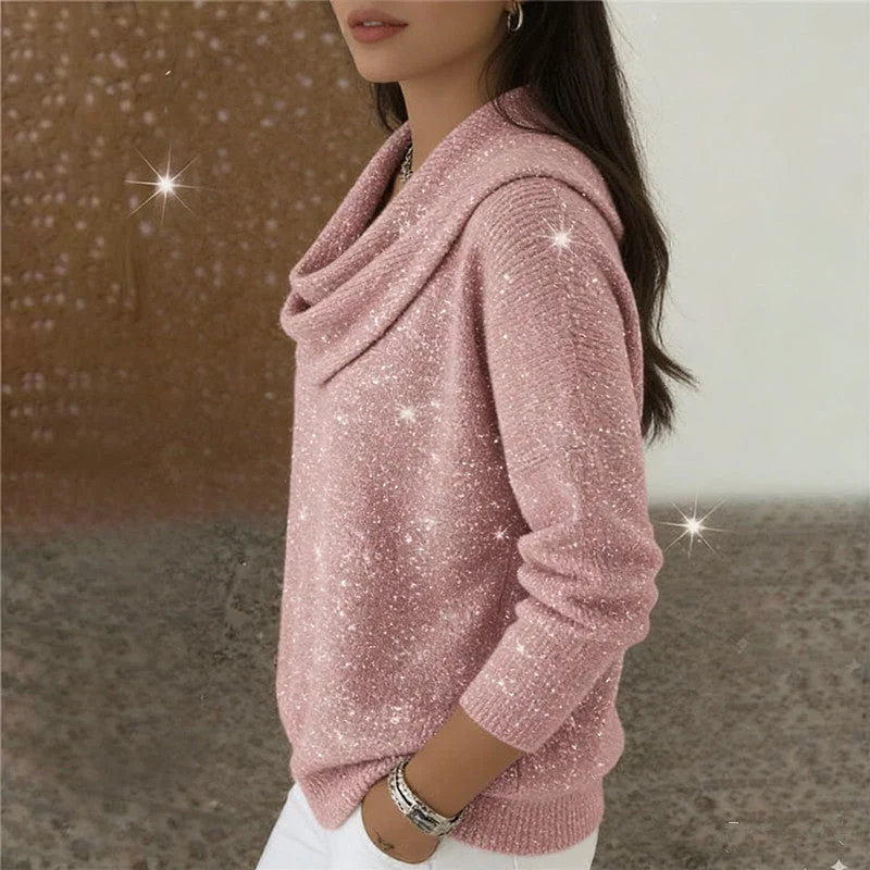 Damen nan fein gestrickter Pullover mit Wasserfallkragen und geripptem Saum Drune