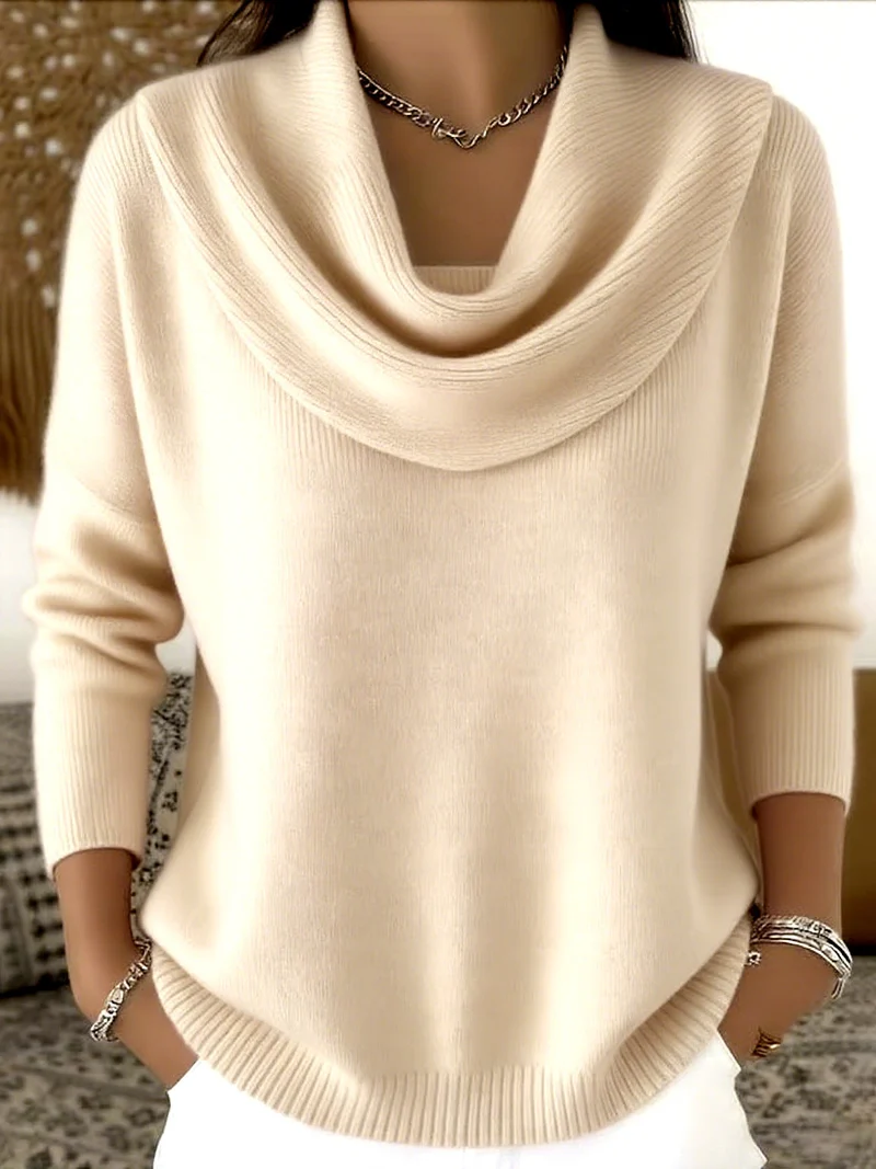 Damen nan fein gestrickter Pullover mit Wasserfallkragen und geripptem Saum Drune