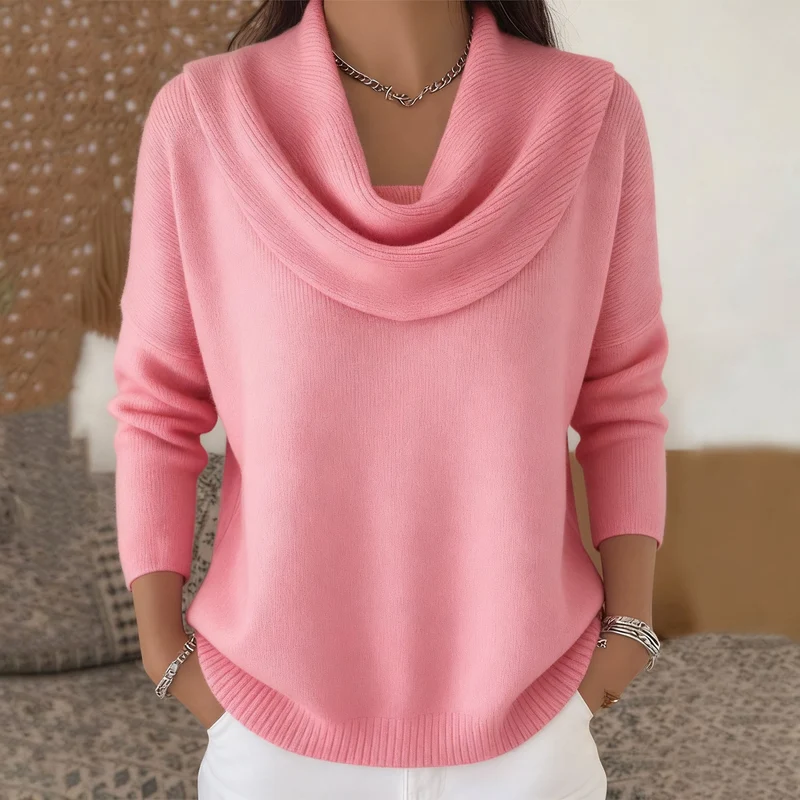 Damen nan fein gestrickter Pullover mit Wasserfallkragen und geripptem Saum Drune