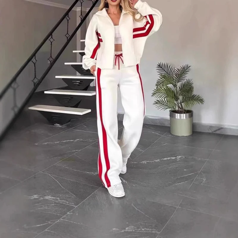 Damen nan athletisches Zweiteiler-Set aus French Terry mit Reißverschluss Cropped Jacke und weitem Highwaist Jogger Drune