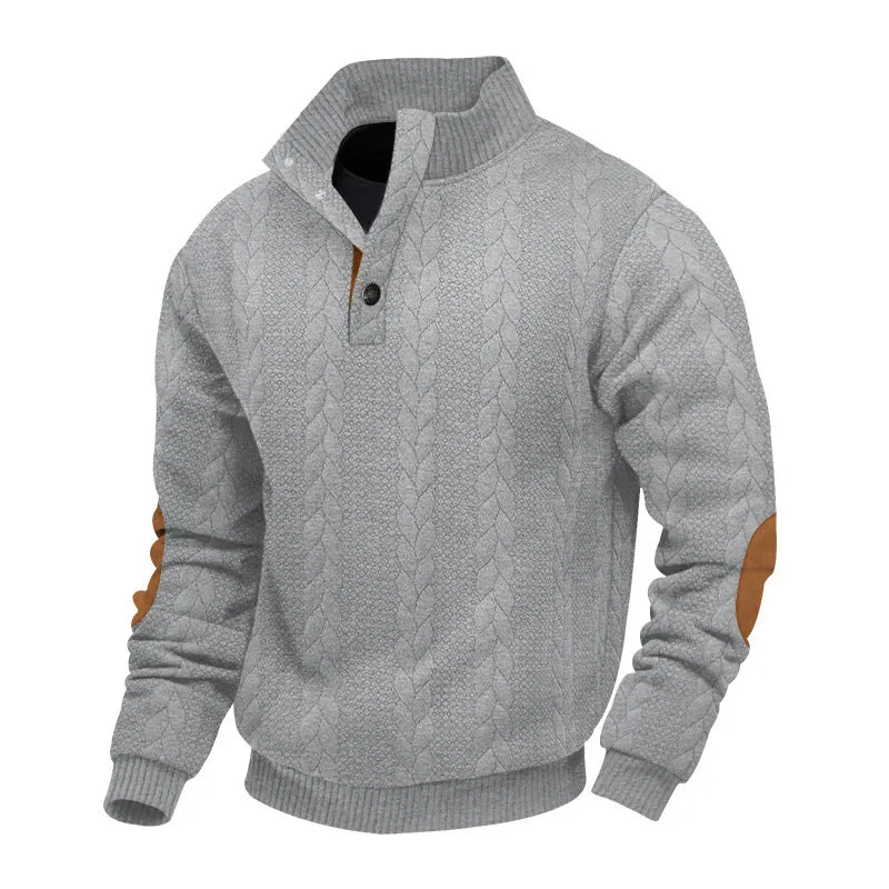 Herren nan Zopfmuster-Pullover mit Stehkragen, halber Knopfleiste und Ellbogenpatches Drune