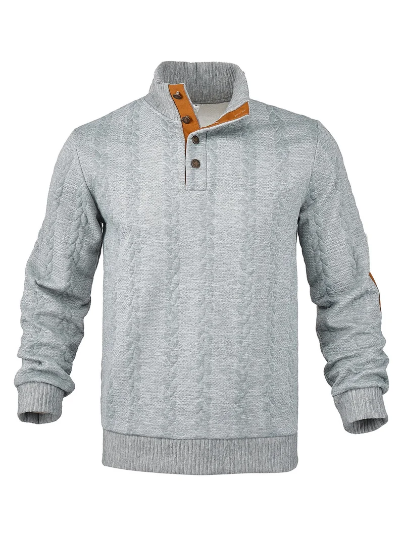Herren nan Zopfmuster-Pullover mit Stehkragen, halber Knopfleiste und Ellbogenpatches Drune