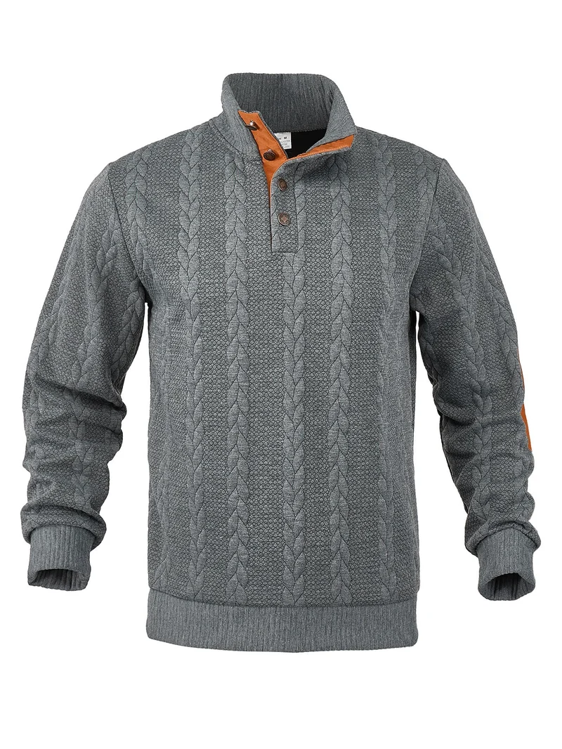 Herren nan Zopfmuster-Pullover mit Stehkragen, halber Knopfleiste und Ellbogenpatches Drune