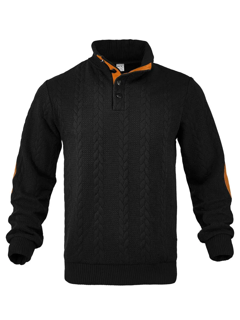 Herren nan Zopfmuster-Pullover mit Stehkragen, halber Knopfleiste und Ellbogenpatches Drune