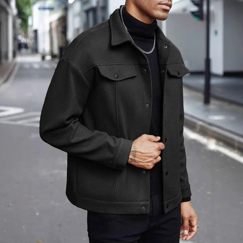 Herren nan Wolloptik-Overshirt Jacke im Shacket-Stil mit Brustklappen und Druckknopfleiste Drune